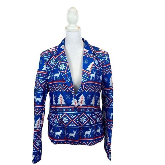 New with Tags Suitmeister Women’s Christmas Nordic Blue Printed Blazer Large - Picture 5 of 16